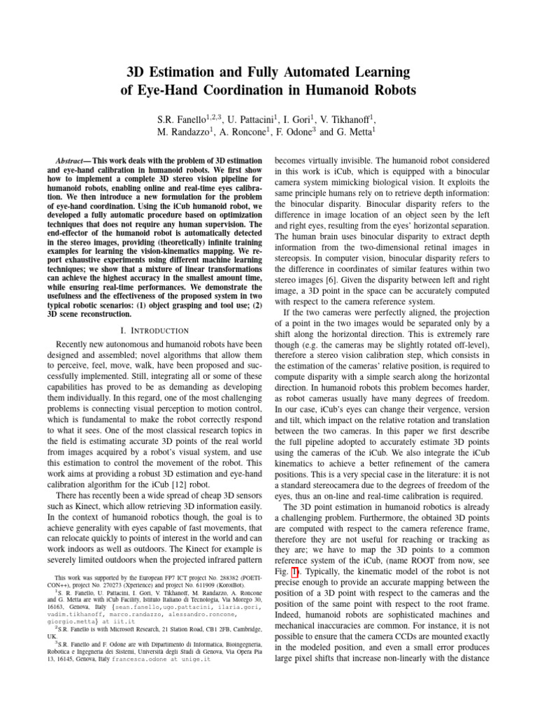 3D Eye-Hand Coordination in Humanoid Robots | PDF | Computer Vision ...