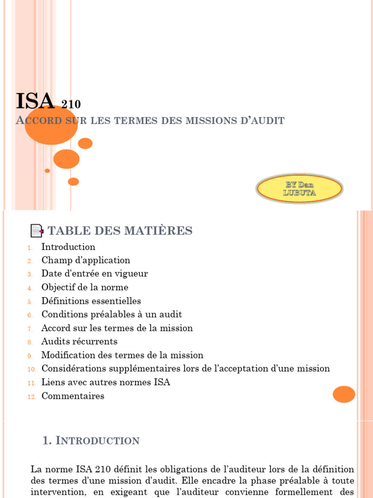 Accord sur les Termes d'Audit ISA 210 | PDF | Audit | Normes ...