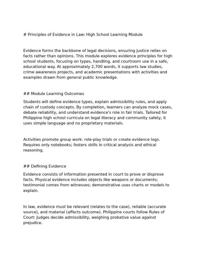Principles of Evidence in Law High School Learning Module | PDF ...