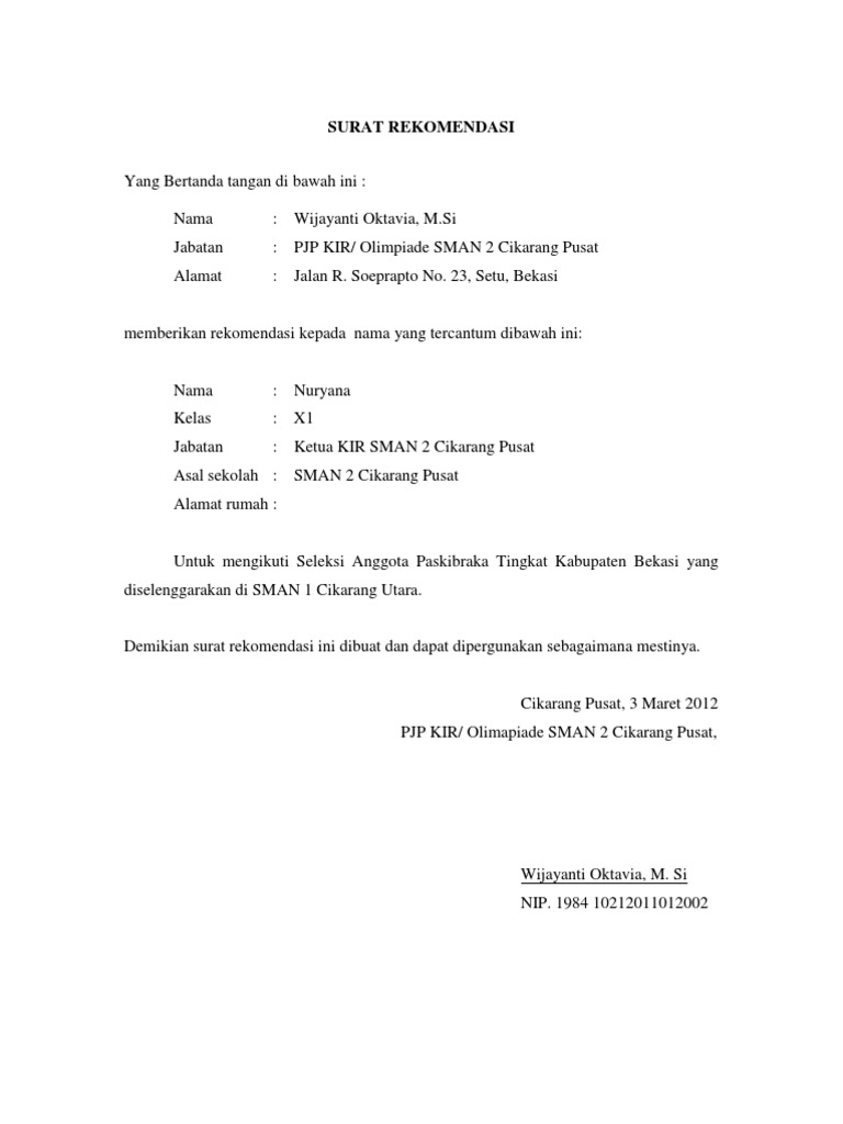  Surat  Rekomendasi  Dari Sekolah  Untuk Mengikuti Lomba 