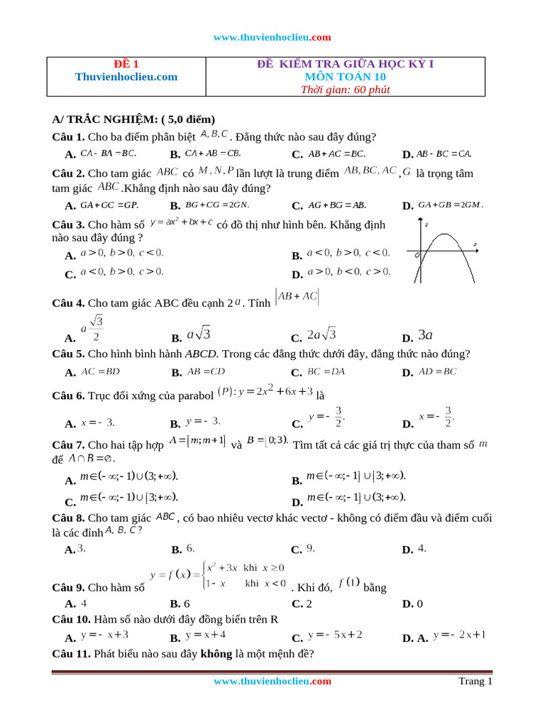 Bo de Kiem Tra Giua HK1 Toan 10 Co Dap An TN TL | PDF
