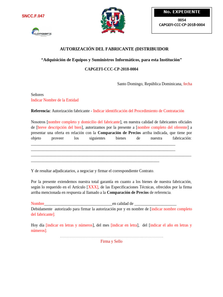 (SNCC F 047) Formulario Del Fabricante (Distribuidor Autorizado) | PDF