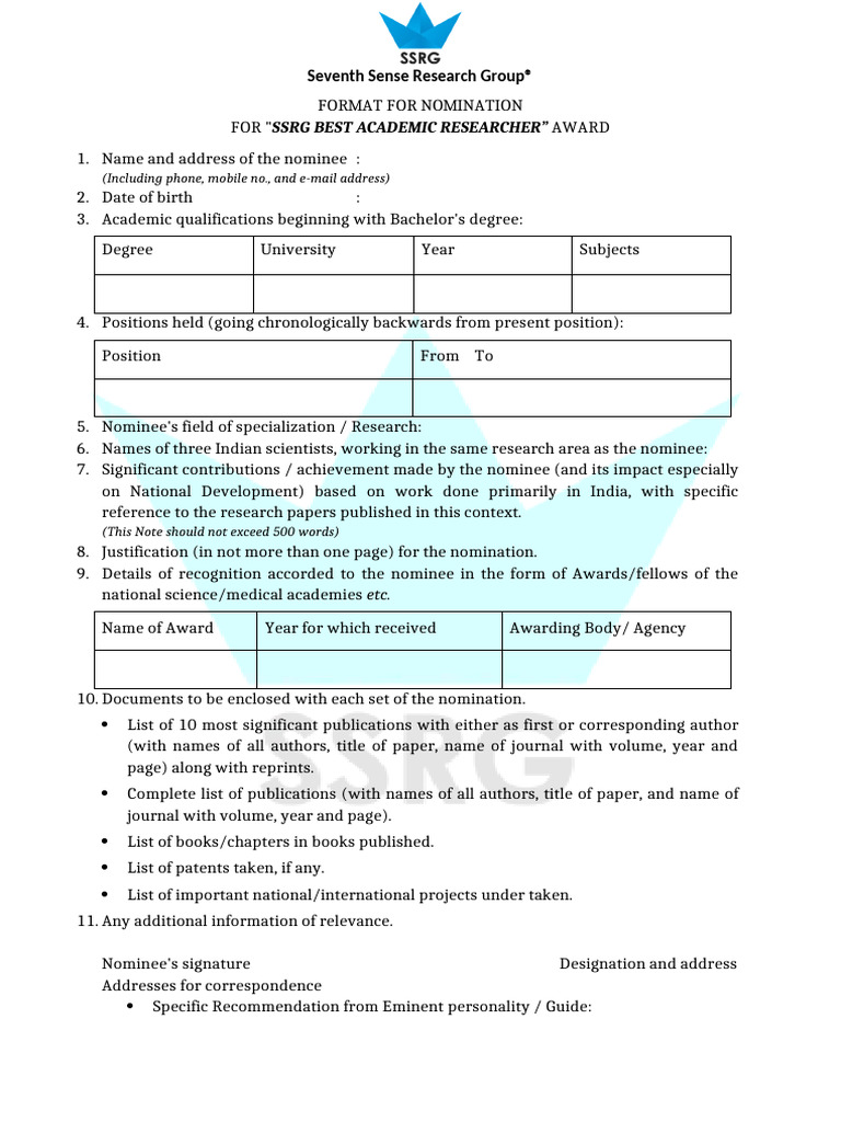 Nomination for Various Awards Best Academic Researcher | PDF