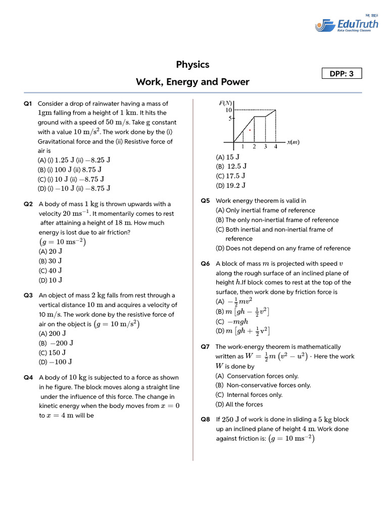 Work, Energy and Power DPP 03 (Of Lec-06) | PDF | Force | Mass
