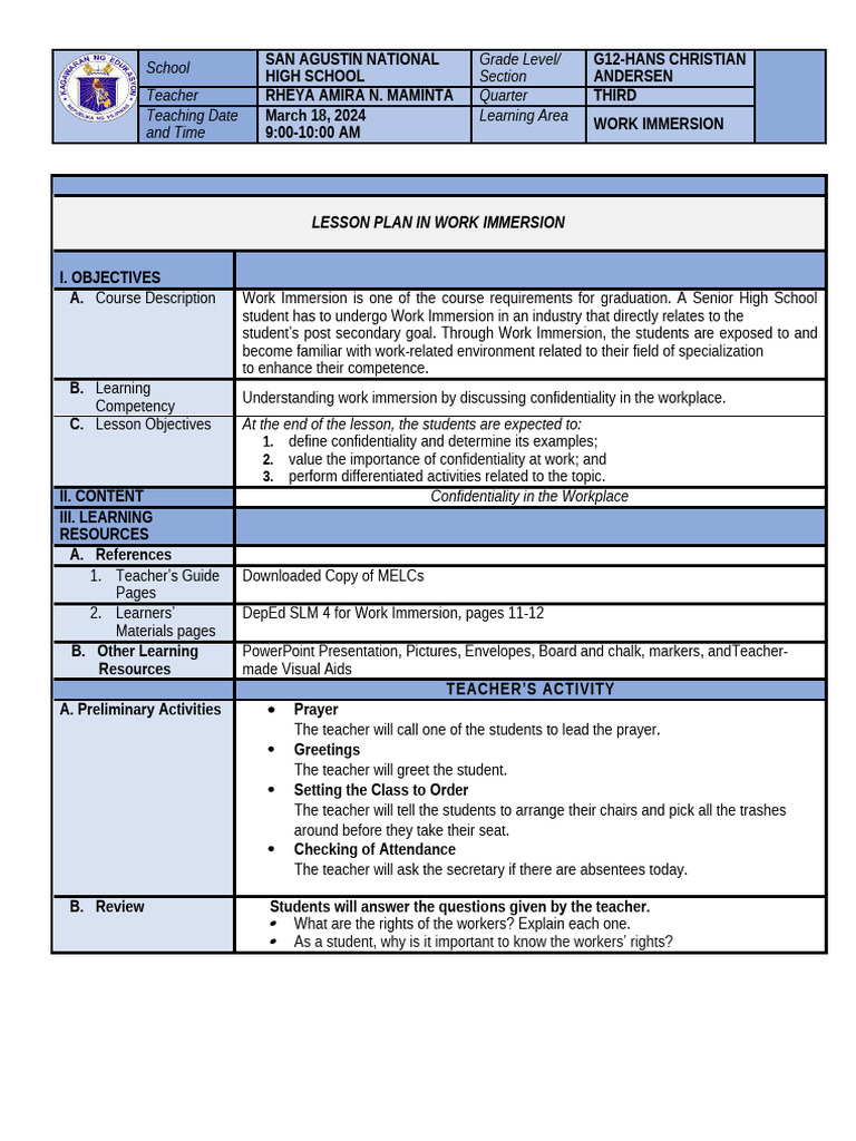 COT 3_Work Immersion | PDF | Teachers | Confidentiality