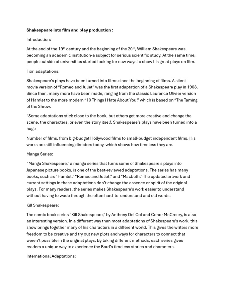 Shakespeare's Influence in Film and Adaptations | PDF | William ...