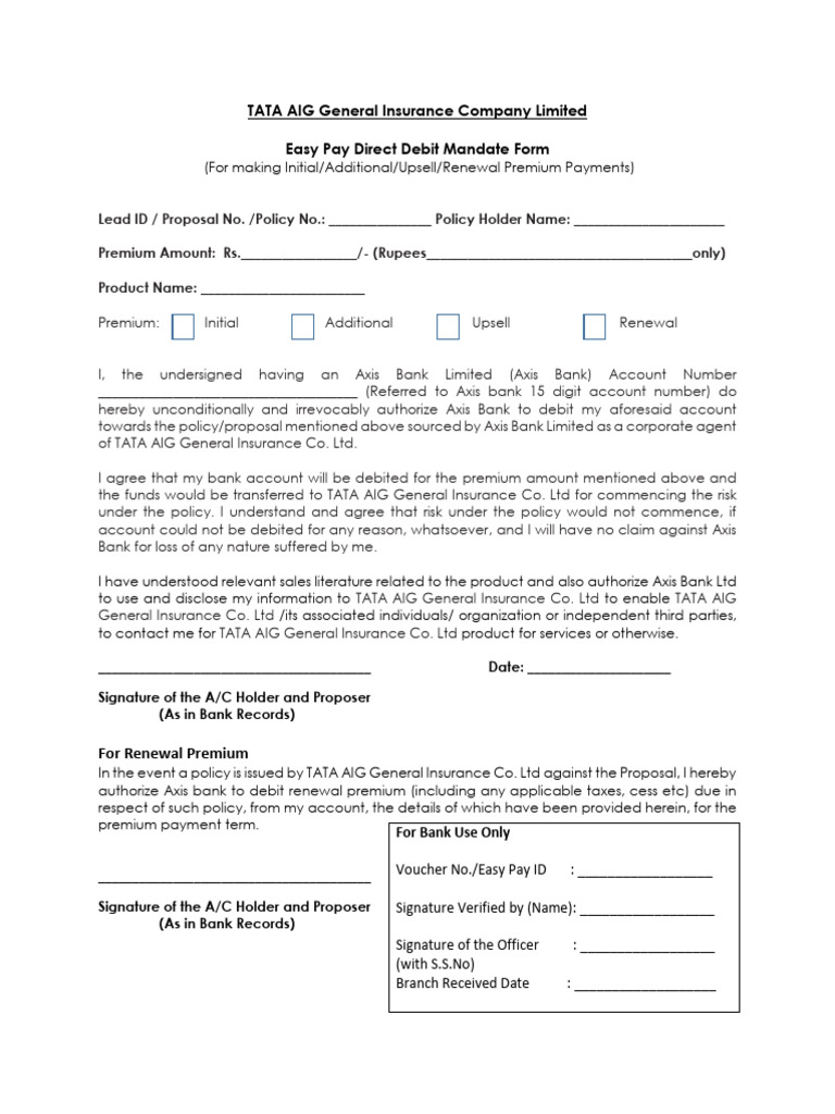 TATA AIG Direct Debit Mandate Form | PDF | Insurance | Banks