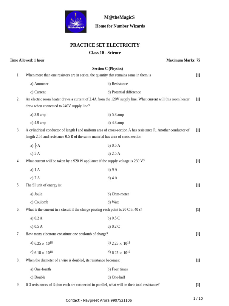 Class 10 Electricity Practice Questions | PDF | Series And Parallel ...