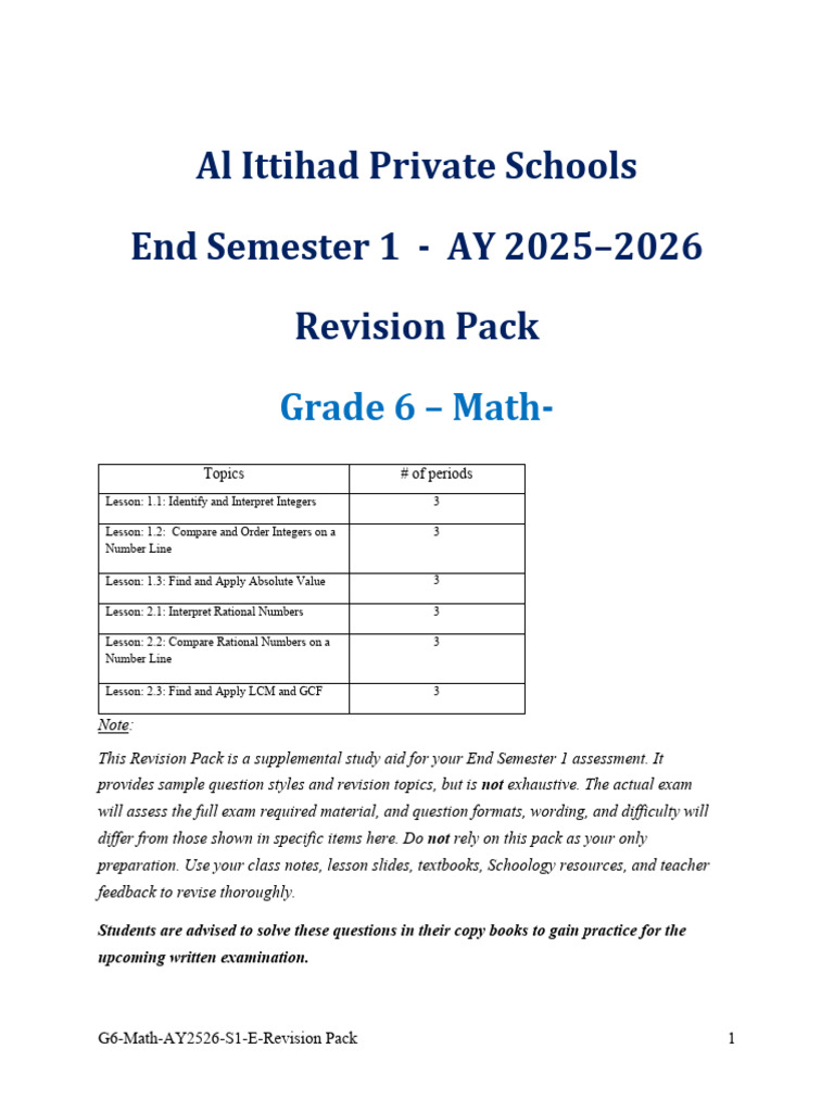 Grade 6 Math Revision Pack: Integers & Rational Numbers | PDF | Sea Level