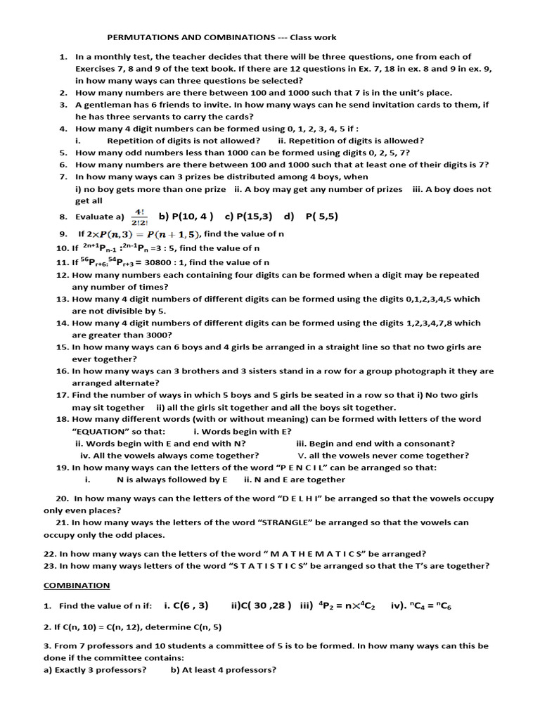Permutations and Combinations Exercises | PDF | Vowel