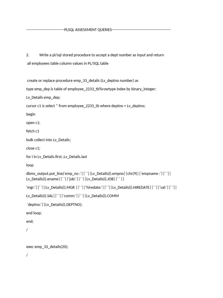 PLSQL Assessment Queries | PDF | Pl/Sql | Sql