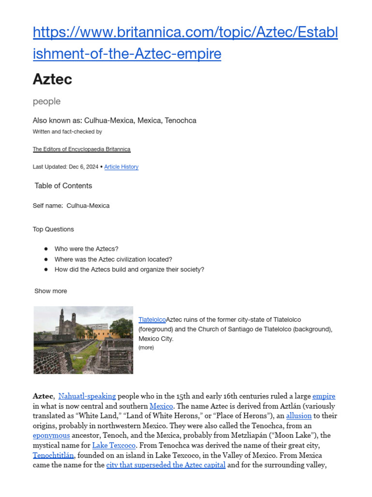 Aztec Empire: Origins and Establishment | PDF | Nahuatl | Culture Of ...