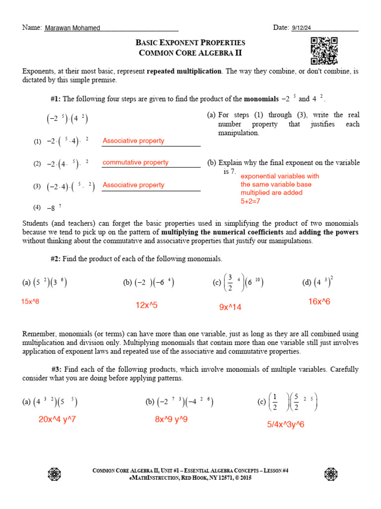 CCAlgII U1L4 Basic Exponent Manipulation Copy | PDF | Algebra ...
