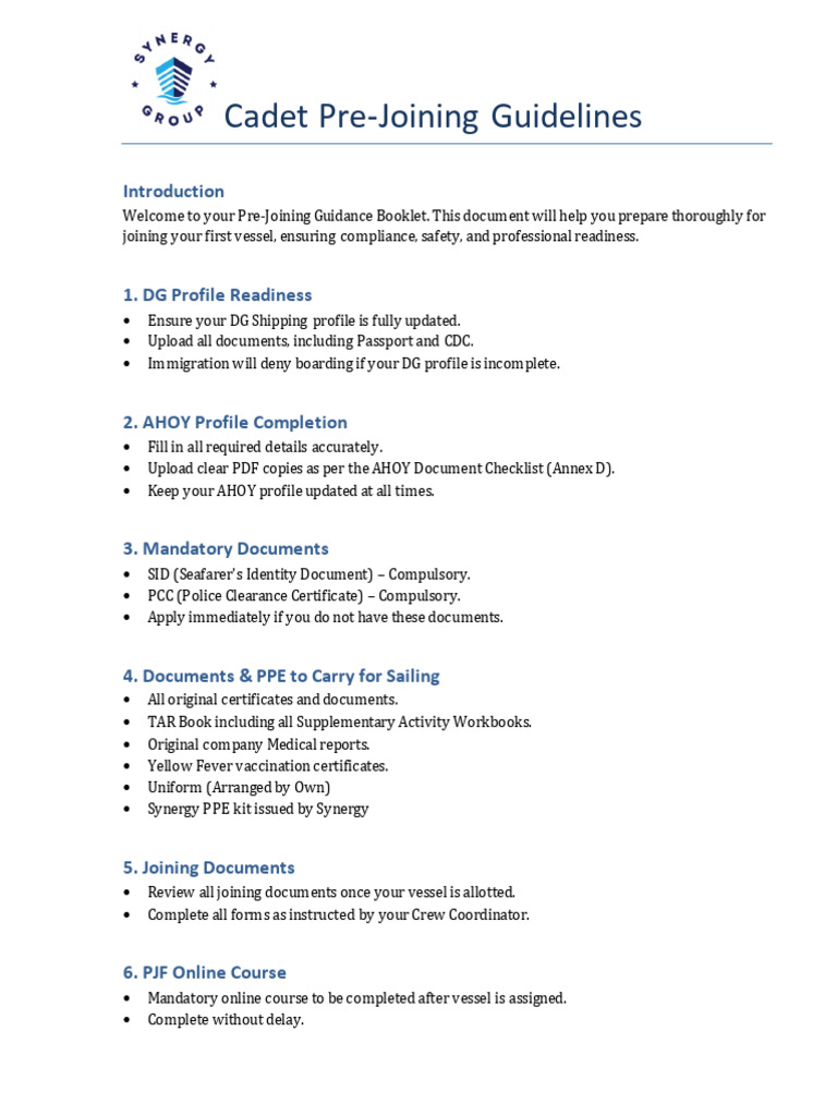 Cadet Pre-Joining Checklist Guide | PDF | Travel Visa