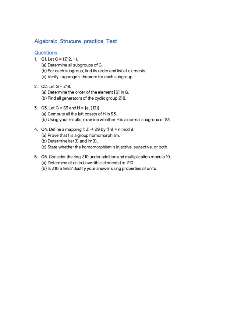 Algebraic Structure Practice Test | PDF
