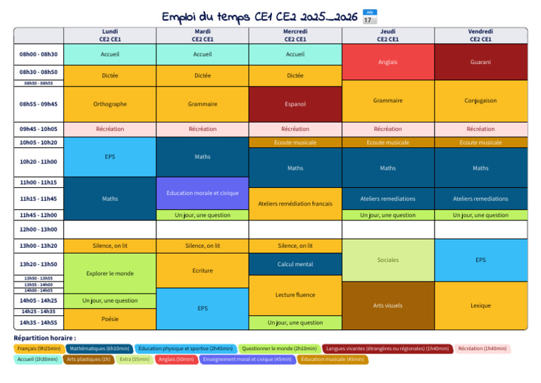 Emploi du temps CE1 CE2 2025-2026 | PDF | la communication | Linguistique