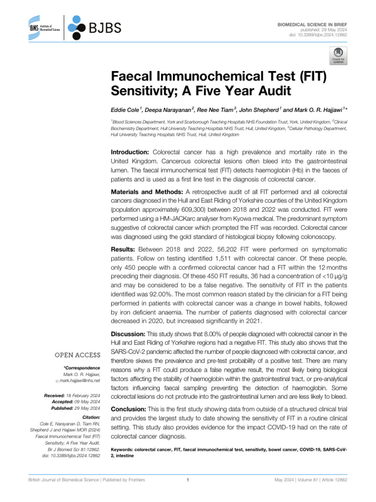 FIT Sensitivity Audit for Colorectal Cancer | PDF | Large Intestine ...