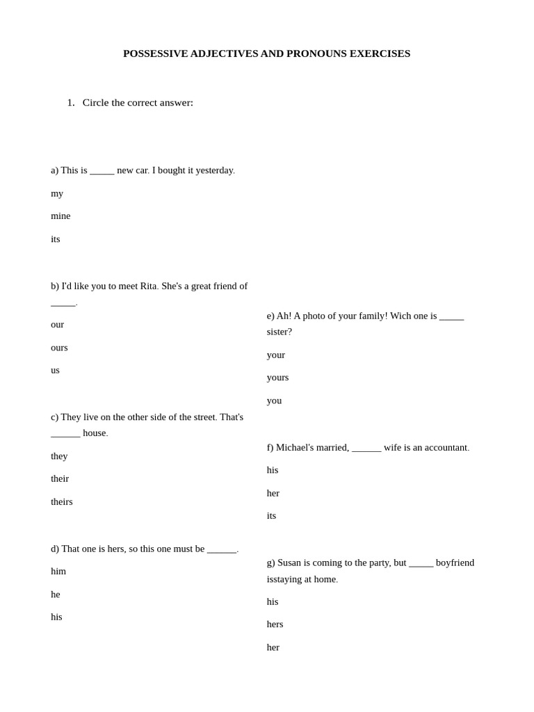Possessive Adjectives & Pronouns Exercises | PDF | Language Mechanics ...