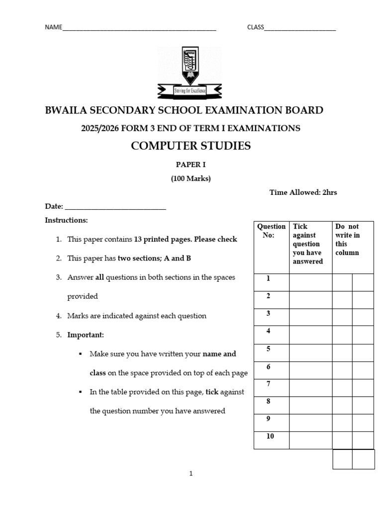 Form 3 Computer Studies Exam Paper | PDF | Spreadsheet | Computer Science