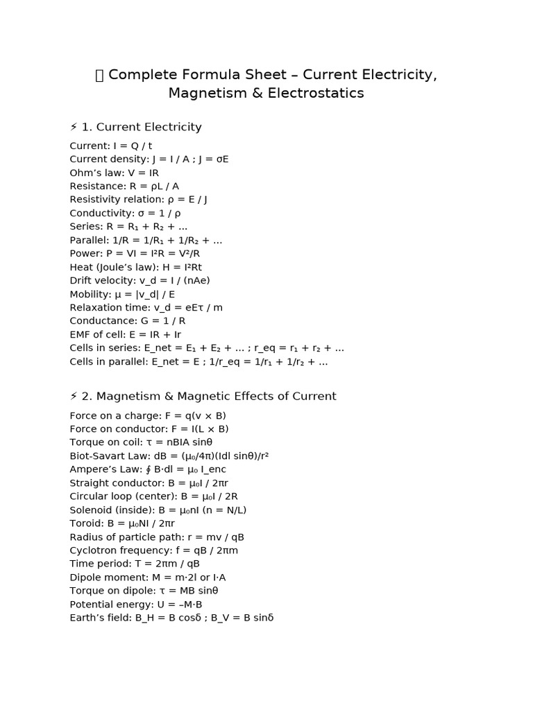 Current Electricity & Magnetism Formulas | PDF