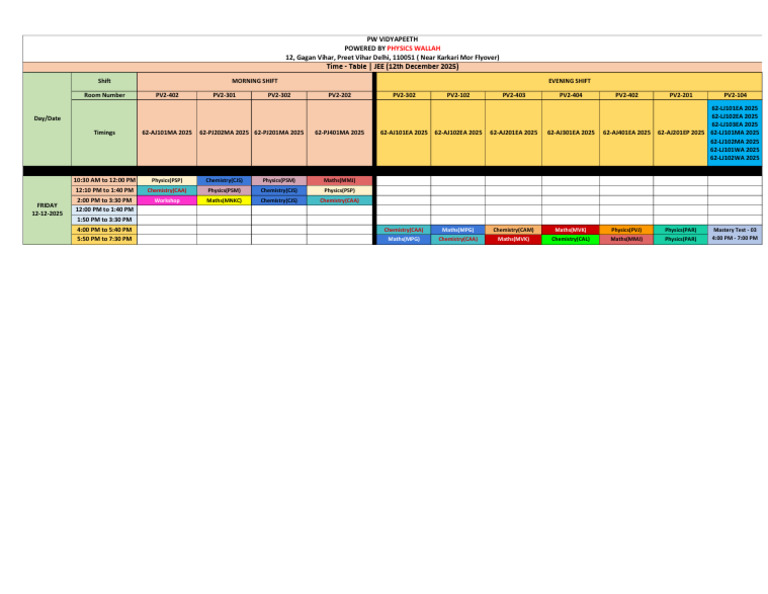 JEE Time Table for December 12, 2025 | PDF