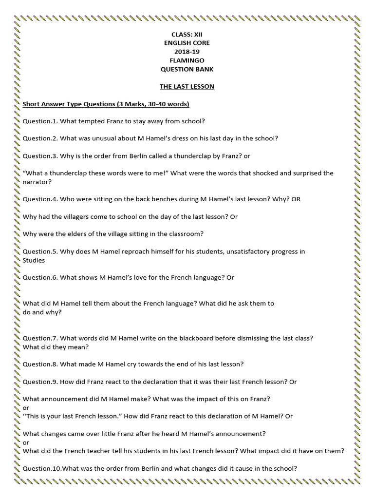 Last Lesson Question Bank for XII English | PDF