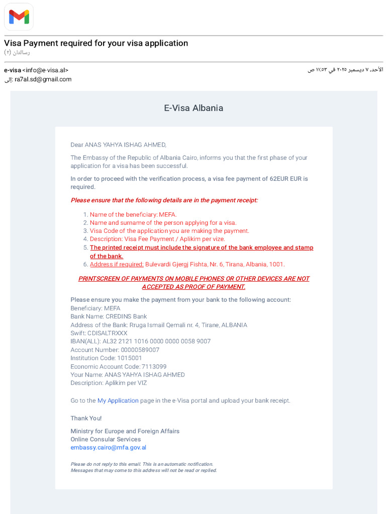 Visa Fee Payment Instructions for Albania | PDF