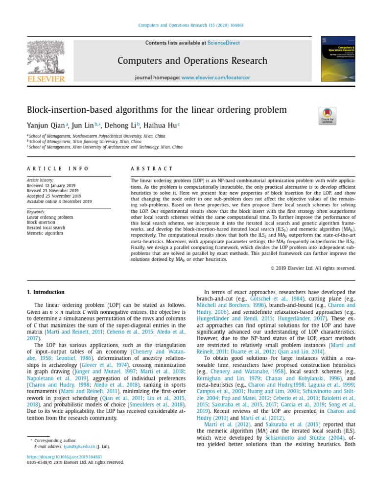 Block-Insertion-based Algorithms for the Linear Ordering Problem | PDF ...