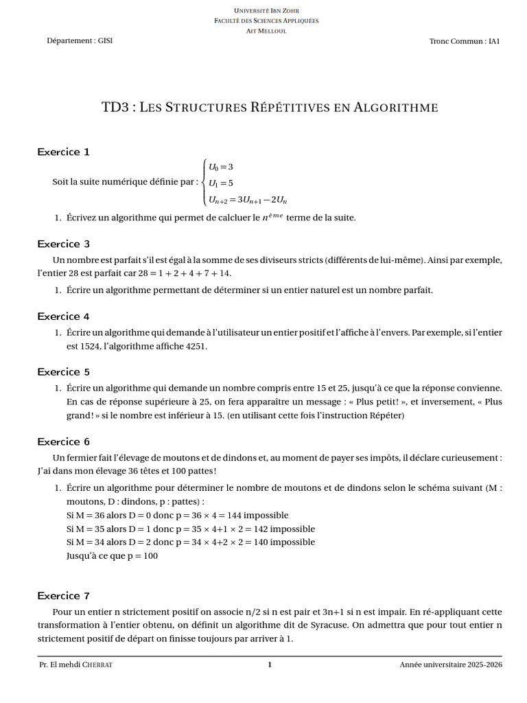 Algorithmes de Calcul et Structures Répétitives | PDF | Entier naturel ...
