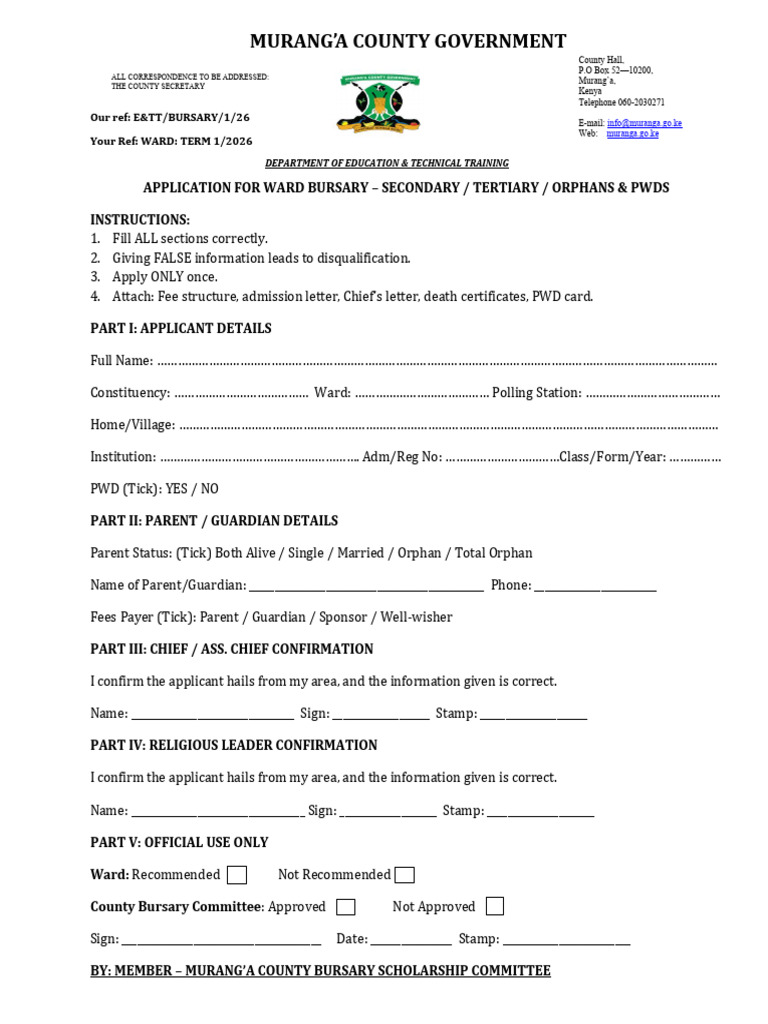 Murang’a County Bursary Application Form | PDF