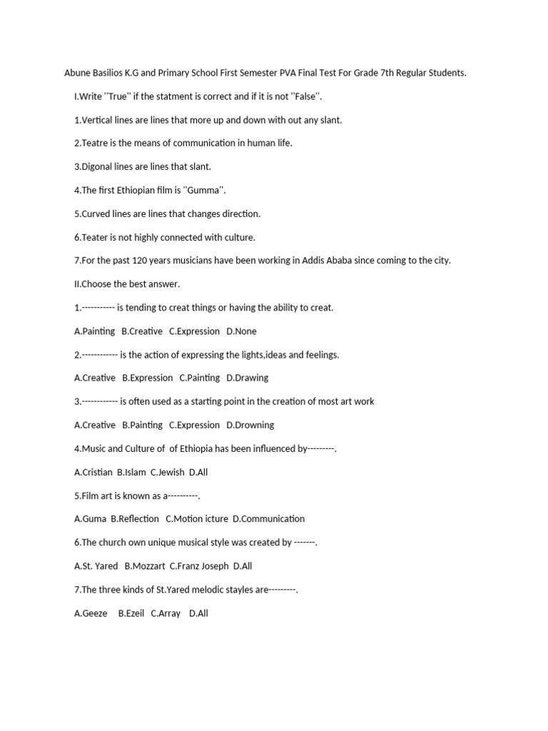 Grade 7 Art and Culture Test Document | PDF