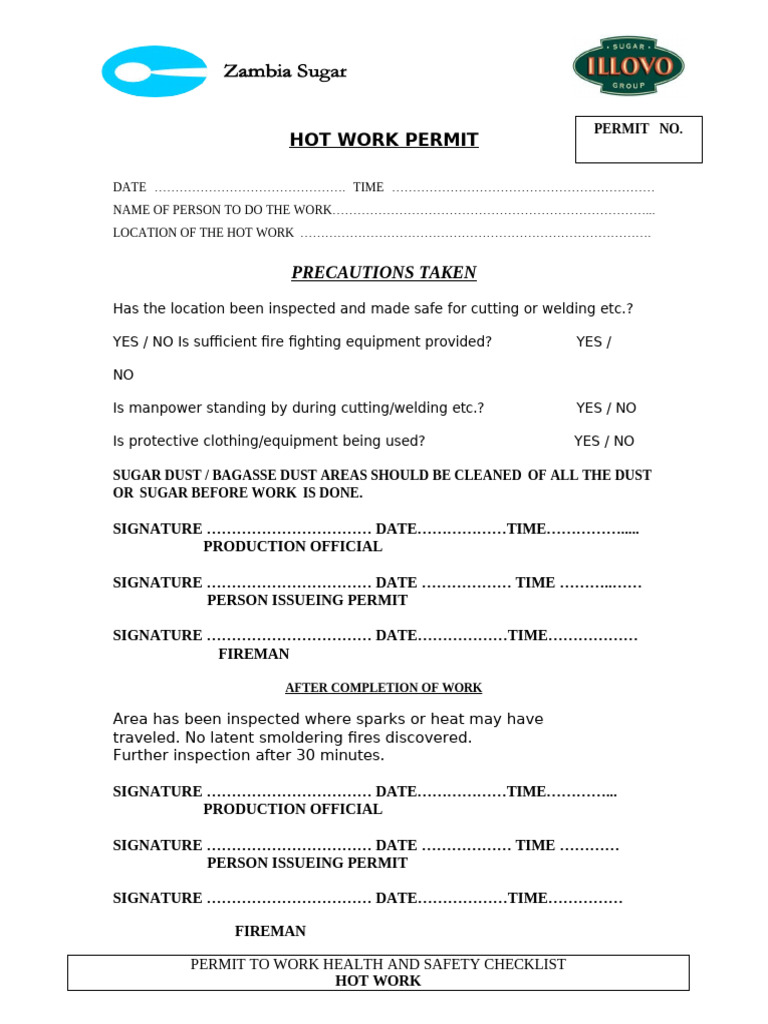 Hot Work Permit Safety Checklist | PDF | Mechanical Engineering ...