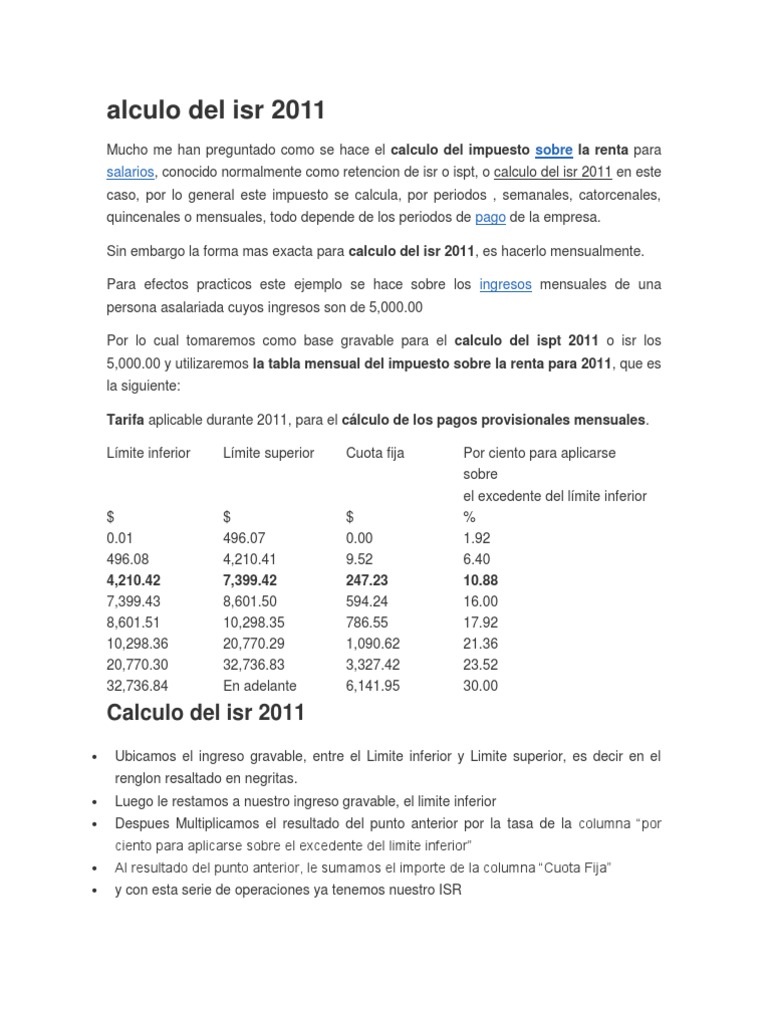 Cálculo del ISR e ISPT 2011 | PDF | Impuesto sobre la renta | Microeconomía