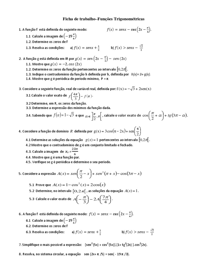Ficha de Exercicios Com Funções Trigonometricas | PDF | Função ...