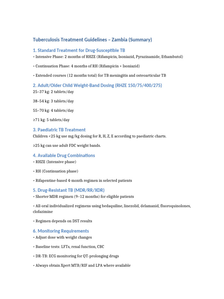 Zambia TB Treatment Guidelines Summary | PDF