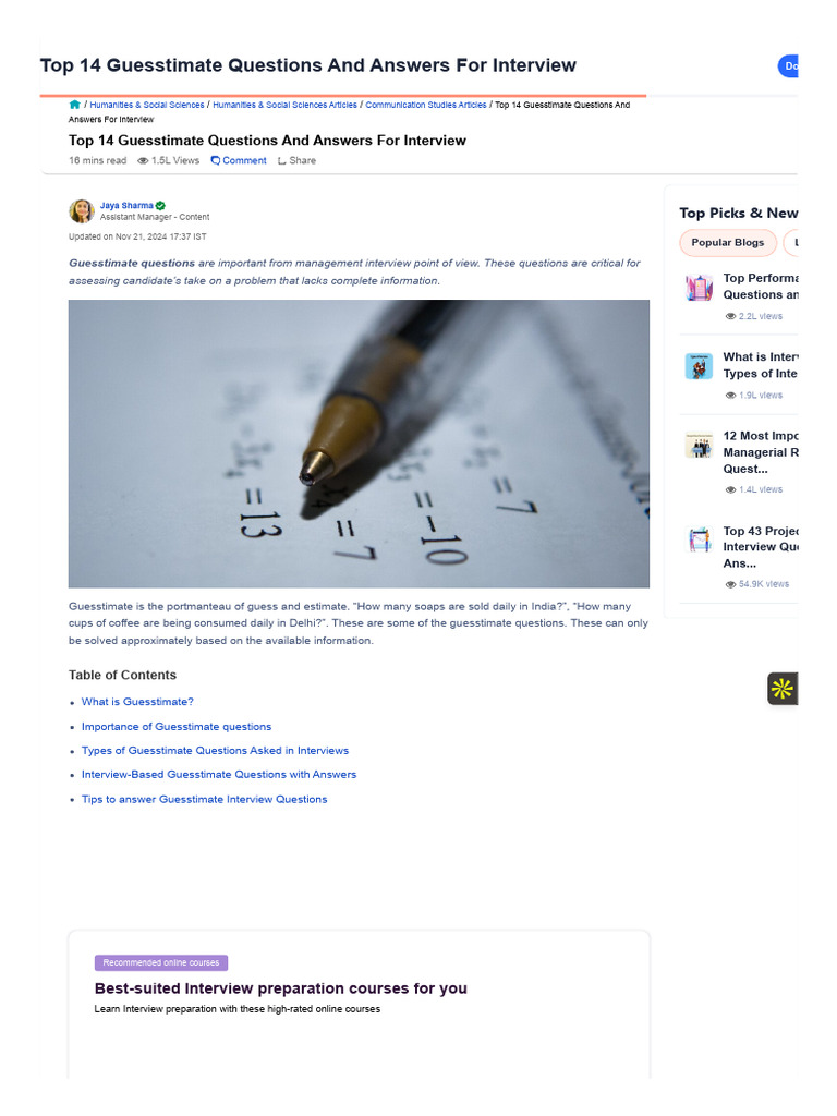 Top 14 Guesstimate Questions and Answers For Interview (2024) | PDF ...