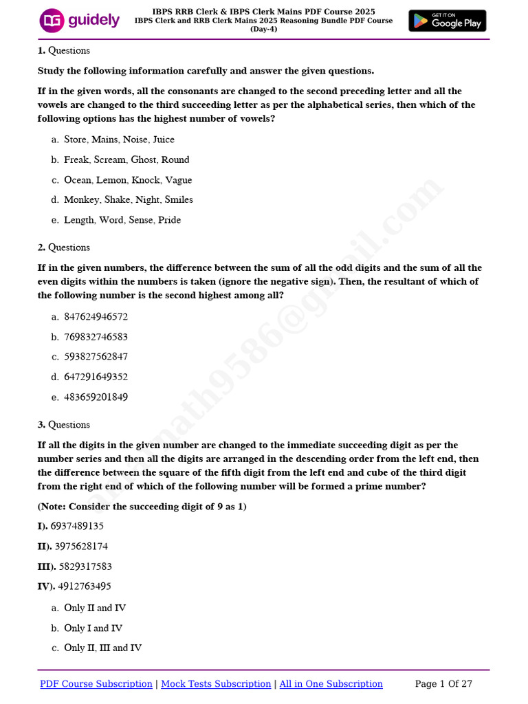 IBPS Clerk and RRB Clerk (Mains) - 2025 Reasoning DAY = 4 | PDF