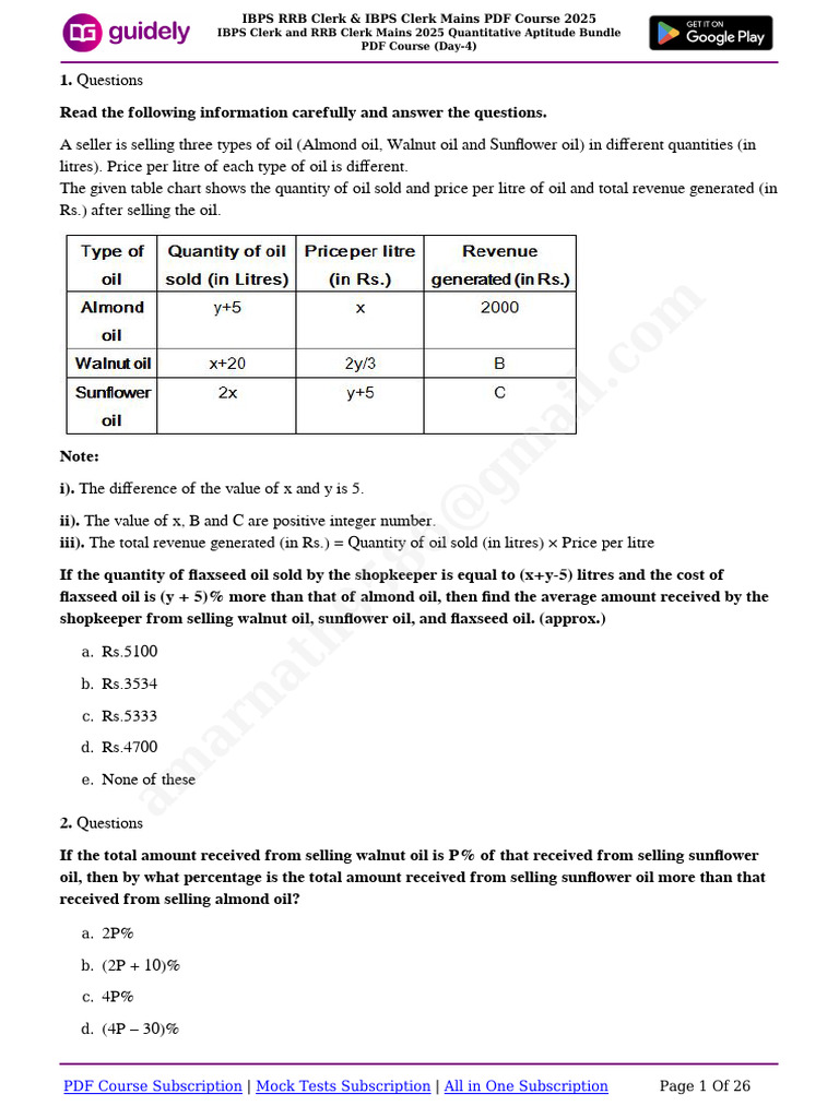 IBPS Clerk and RRB Clerk (Mains) 2025 Quantitative Aptitude DAY 4 | PDF