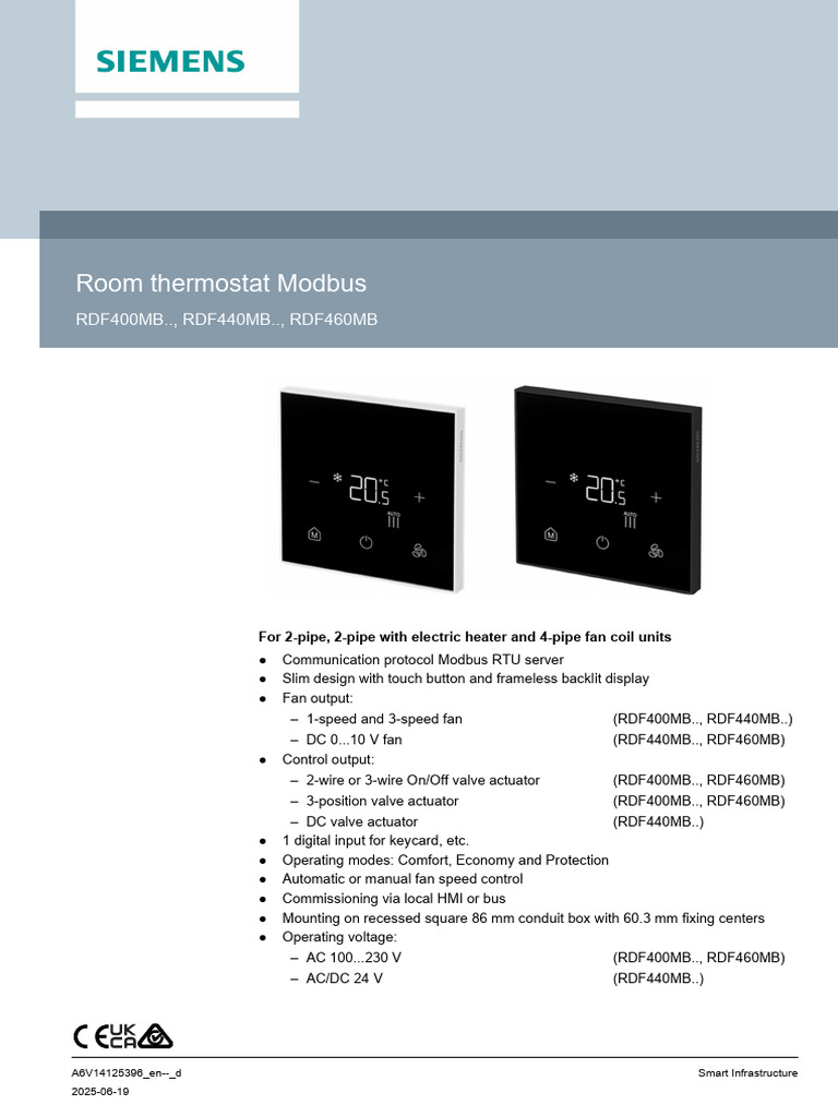 A6V14125396_Room thermostat Modbus RDF400MB RDF400MB-BK RDF4_en | PDF ...