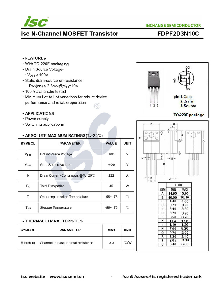 ISC N-Channel MOSFET FDPF2D3N10C Specs | PDF | Field Effect Transistor ...