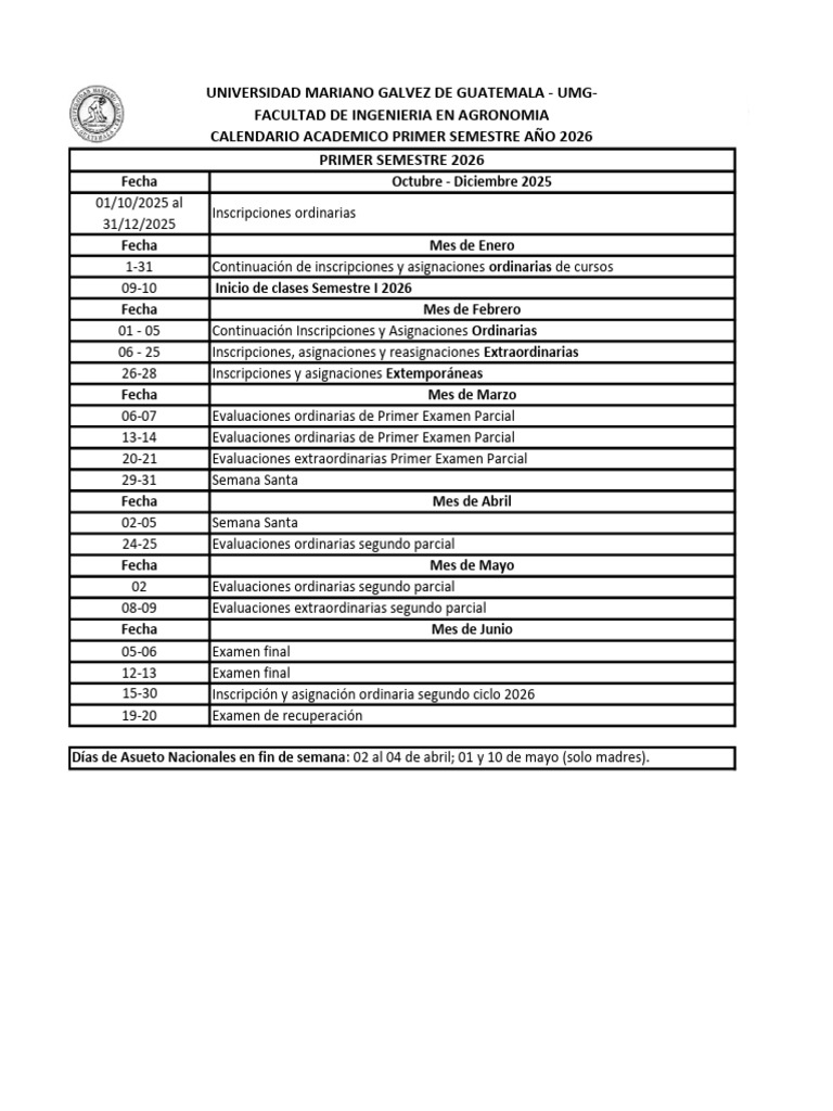 Calendario Acad Mico UMG 2026 PDF 1