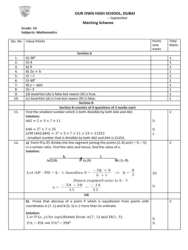 Grade 10 Mathematics Exam Marking Scheme | PDF | Triangle | Polynomial