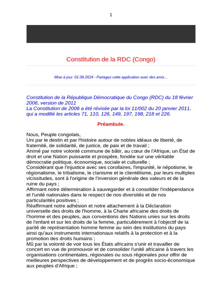 Constitution de la RDC : Principes et Souveraineté | PDF | Loi | Droits ...