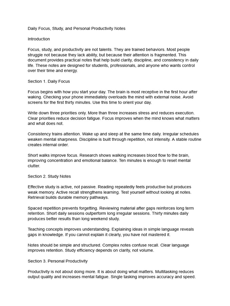Daily Focus and Productivity Strategies | PDF | Behavior Modification ...