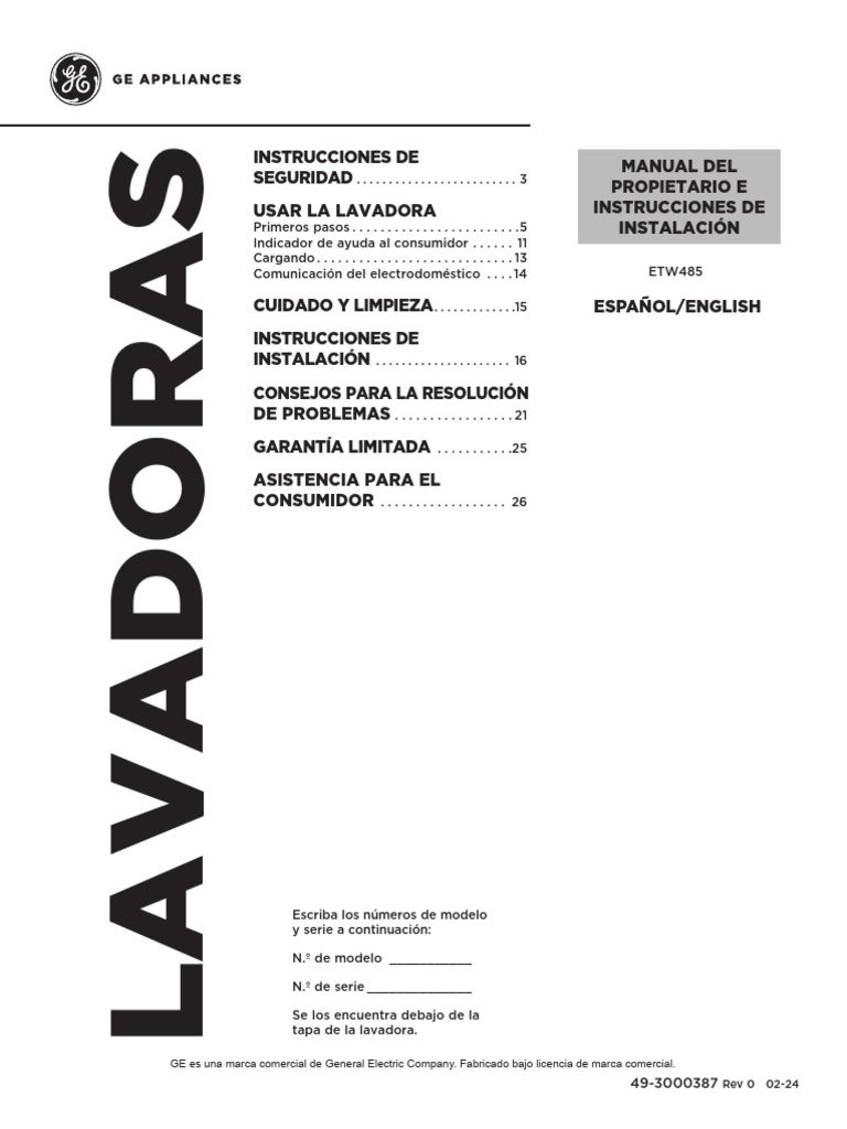 Manual de Instalación y Uso de Lavadoras GE | PDF | Lavadora | Detergente