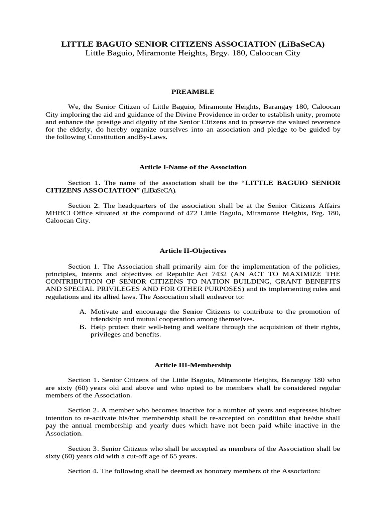 Little Baguio Senior Citizens Association Bylaws | PDF | Presidents Of ...