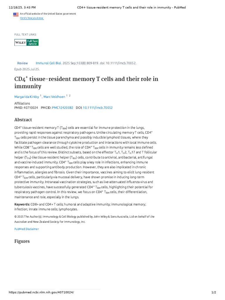 CD4+ Tissue-Resident Memory T Cells in Immunity | PDF | T Helper Cell ...