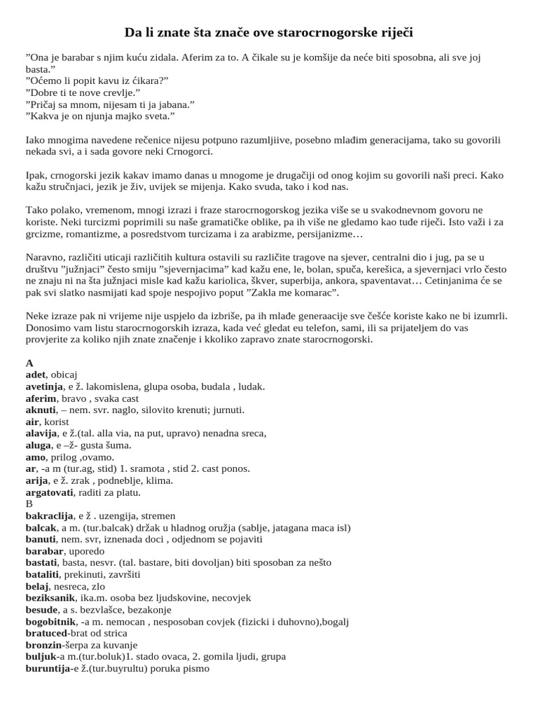 Da Li Znate Šta Znače Ove Starocrnogorske Riječi | PDF