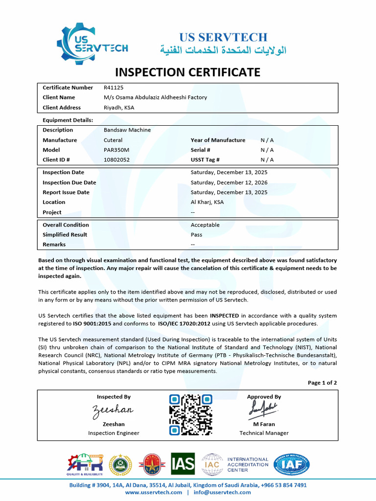 Bandsaw Machine Inspection Certificate | PDF | Metrology