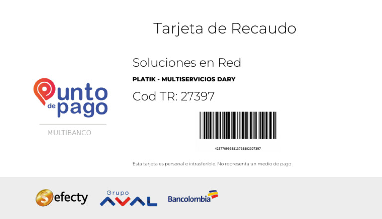 Soluciones en Red Cod TR: 27397: Tarjeta de Recaudo | PDF